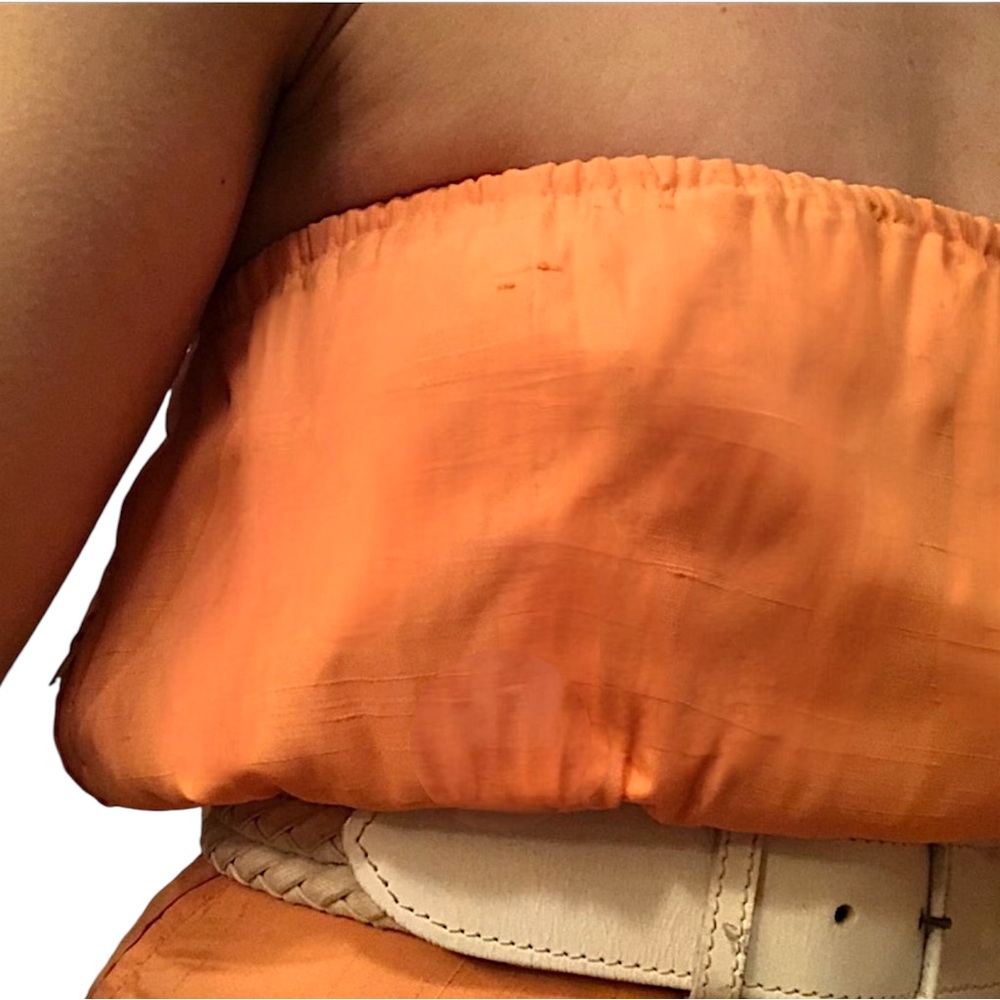 VTG SHAREEN AGAIN Reworked Vintage Silk Fabric Peach Strapless Tube Midi Dress - Picture 7 of 16